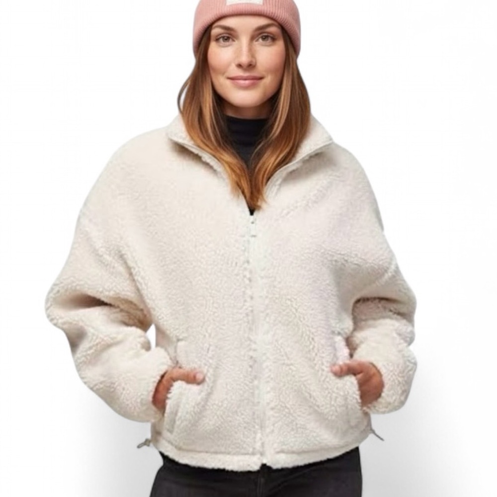 Alo Yoga Flurry Sherpa Jacket Full Zip Ivory White Size Medium High Neck